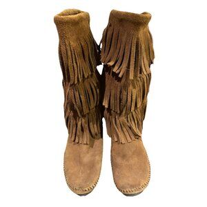 Minnetonka Brown Leather Triple Fringe Boots Moccasins Womens Size 9 Style 1632